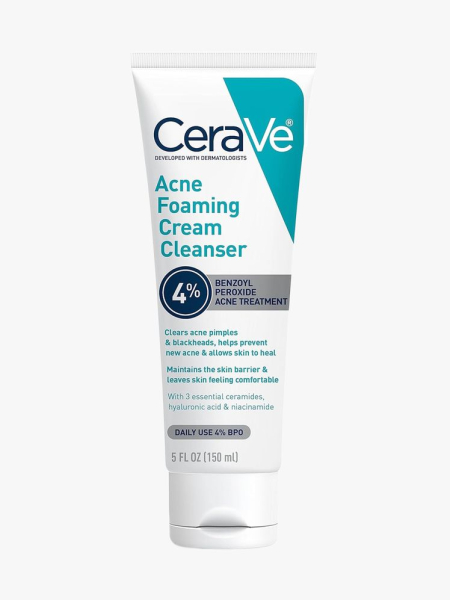 CeraVe Acne Foaming Cream Cleanser in branded component on a light gray background